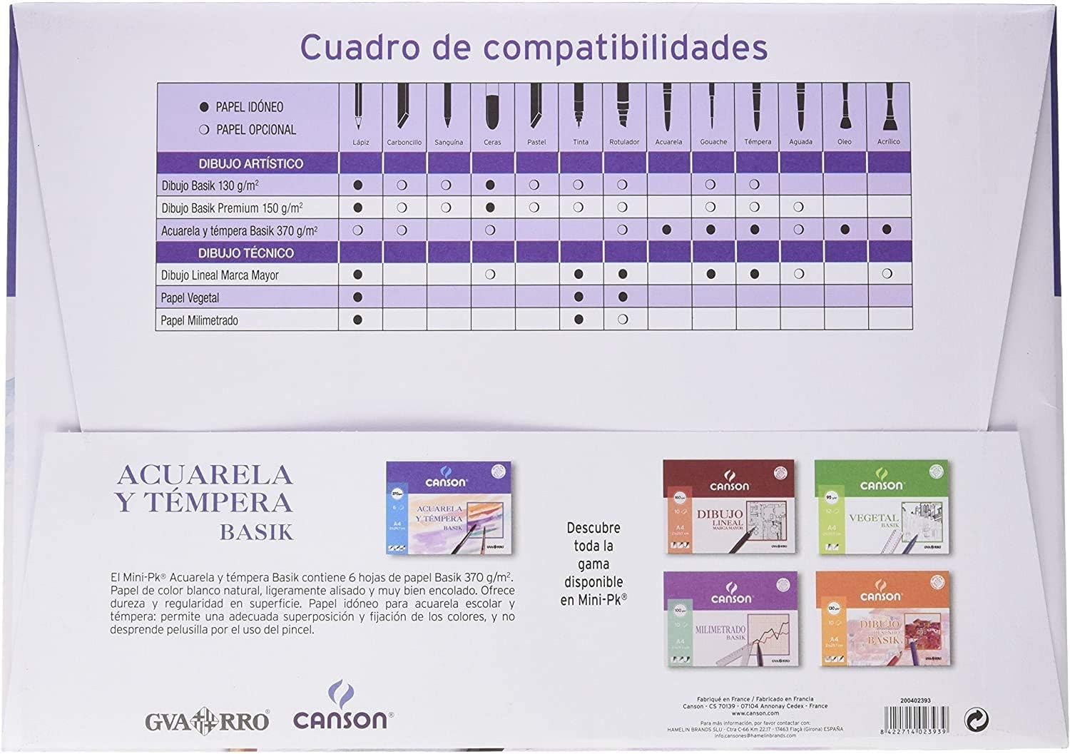 Papel acuarela basik canson din a4+ 370 gr pack de 6 hojas24 x 32 cm