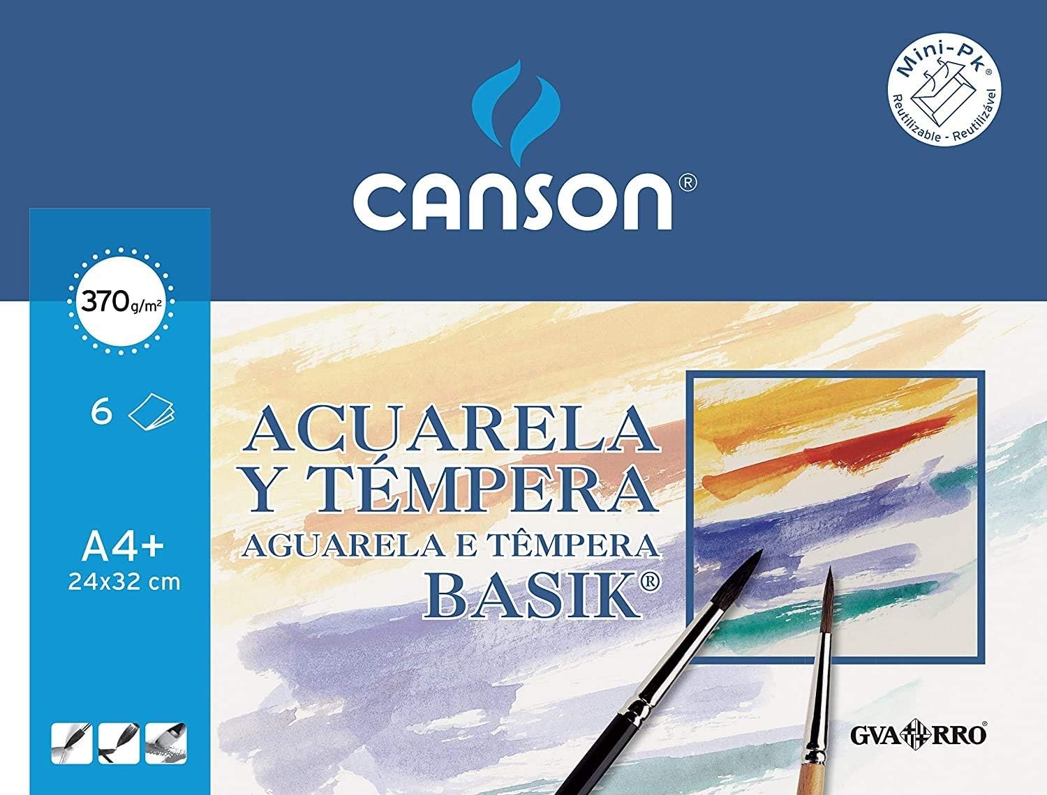 Papel acuarela basik canson din a4+ 370 gr pack de 6 hojas24 x 32 cm