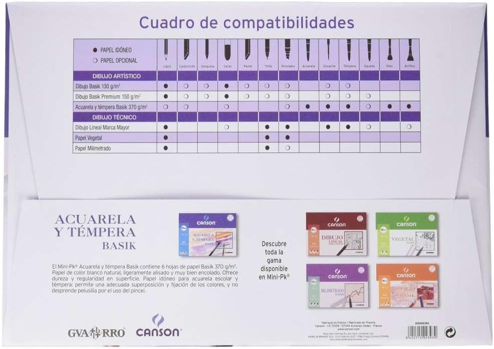 Canson Acuarela y Tempera Basik, Papel de acuarela, 370gsm, Minipack, A3-29,7x42cm, Blanco natural, 6 hojas