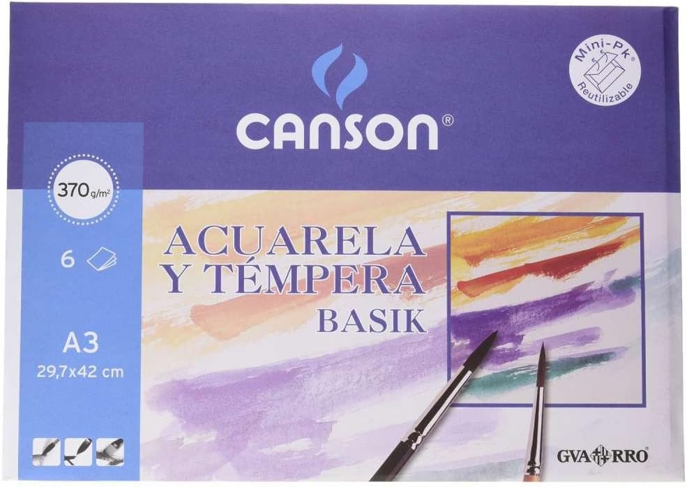 Canson Acuarela y Tempera Basik, Papel de acuarela, 370gsm, Minipack, A3-29,7x42cm, Blanco natural, 6 hojas