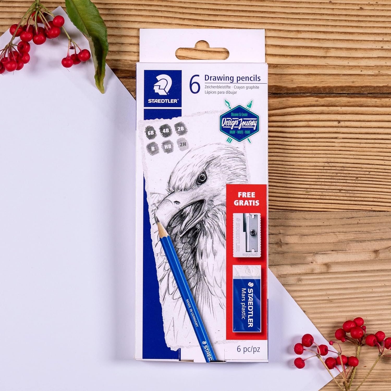 STAEDTLER Mars Lumograph 61 100 C6 - Estuche con 6 Lápices de grafito Mars Lumograph (graduaciones 6B, 4B, 2B, HB, 2H) + GRATIS 1 Afilalápices metálico
