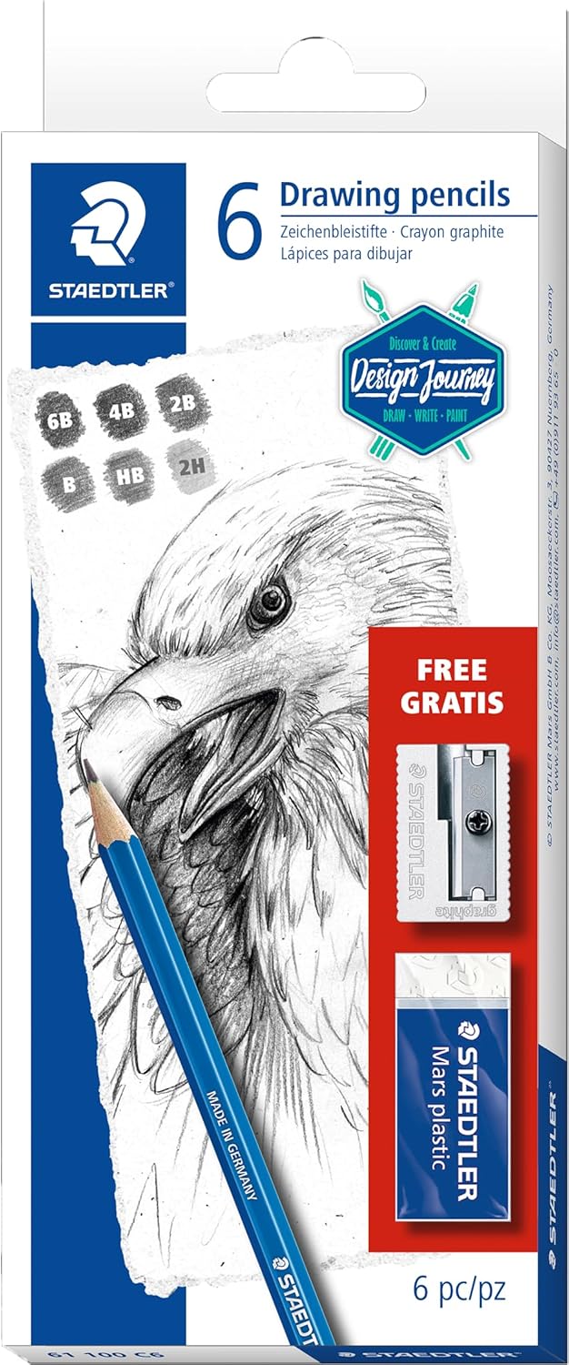 STAEDTLER Mars Lumograph 61 100 C6 - Estuche con 6 Lápices de grafito Mars Lumograph (graduaciones 6B, 4B, 2B, HB, 2H) + GRATIS 1 Afilalápices metálico