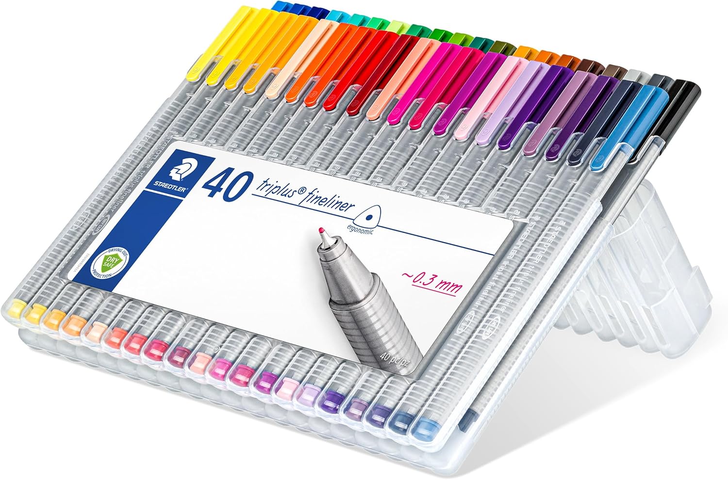 STAEDTLER 334 SB40 – Rotulador Fineliner Triplus diseño triangular, punta fina revestida de metal, ancho de línea 0,3 mm aprox. Estuche exclusivo box con 40 rotuladores de colores intensos