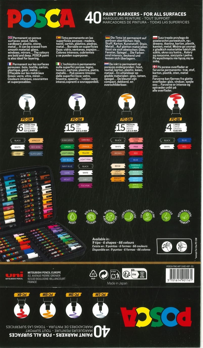 MALETIN POSCA 40 UNID 6X PC-1M 15XPC-3M 15XPC-5M 4XPC-8K