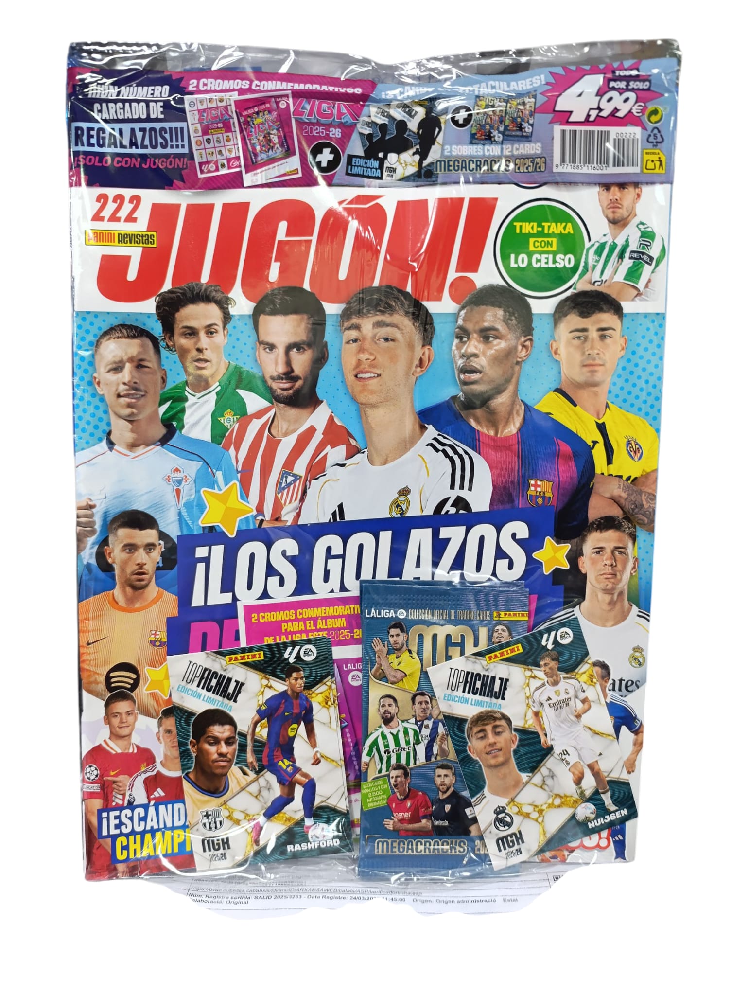 Revista JUGÓN 222 de PANINI con 2 cartas especiales y dos sobres MGK