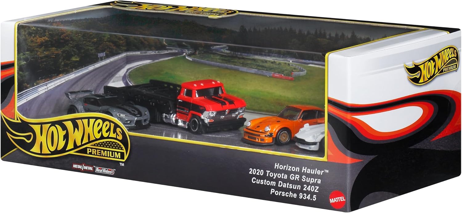 HOT WHEELS PREMIUM HORIZON HAULER 2020 TOYOTA GR SUPRA,CUSTOM DATSUN 240Z,PORSCHE 934.5 JBM05
