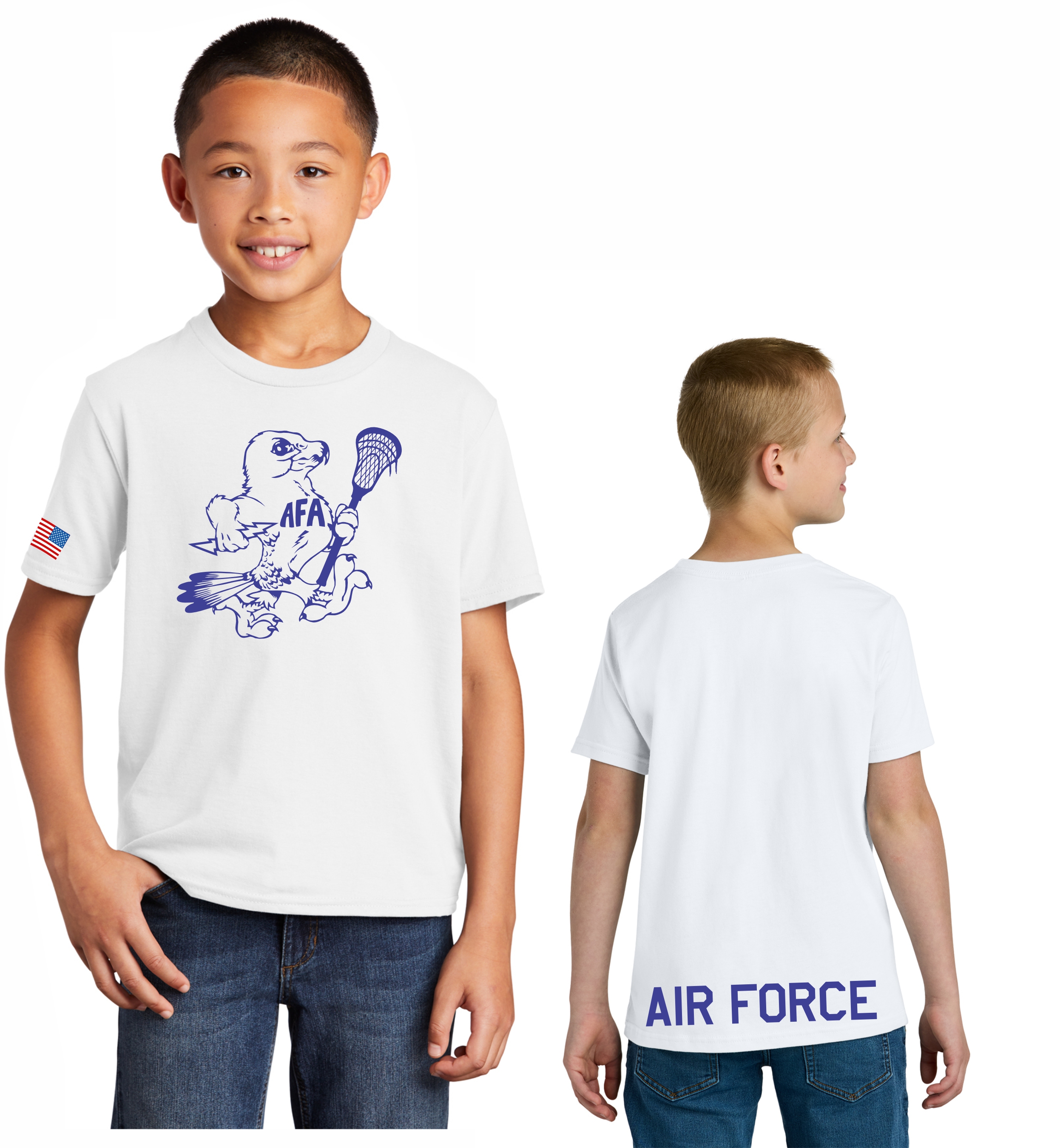 Youth White T-Shirt with Lacrosse Bird and Air Force on back