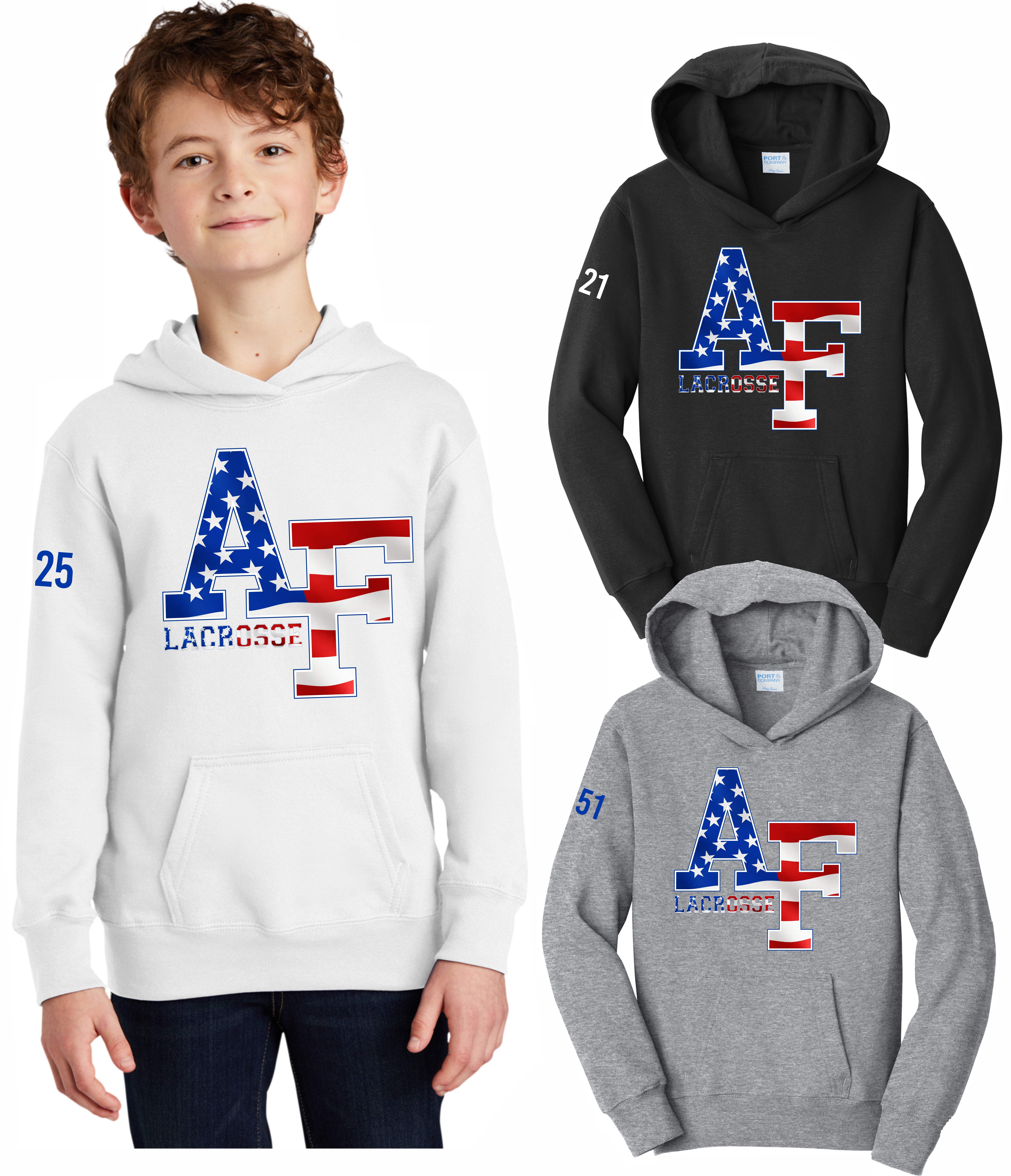 Youth Hoodie with AF Lacrosse American Flag - Port and Company