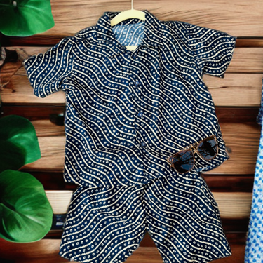 Kids' Navy Wave Print Shirt and Shorts Set