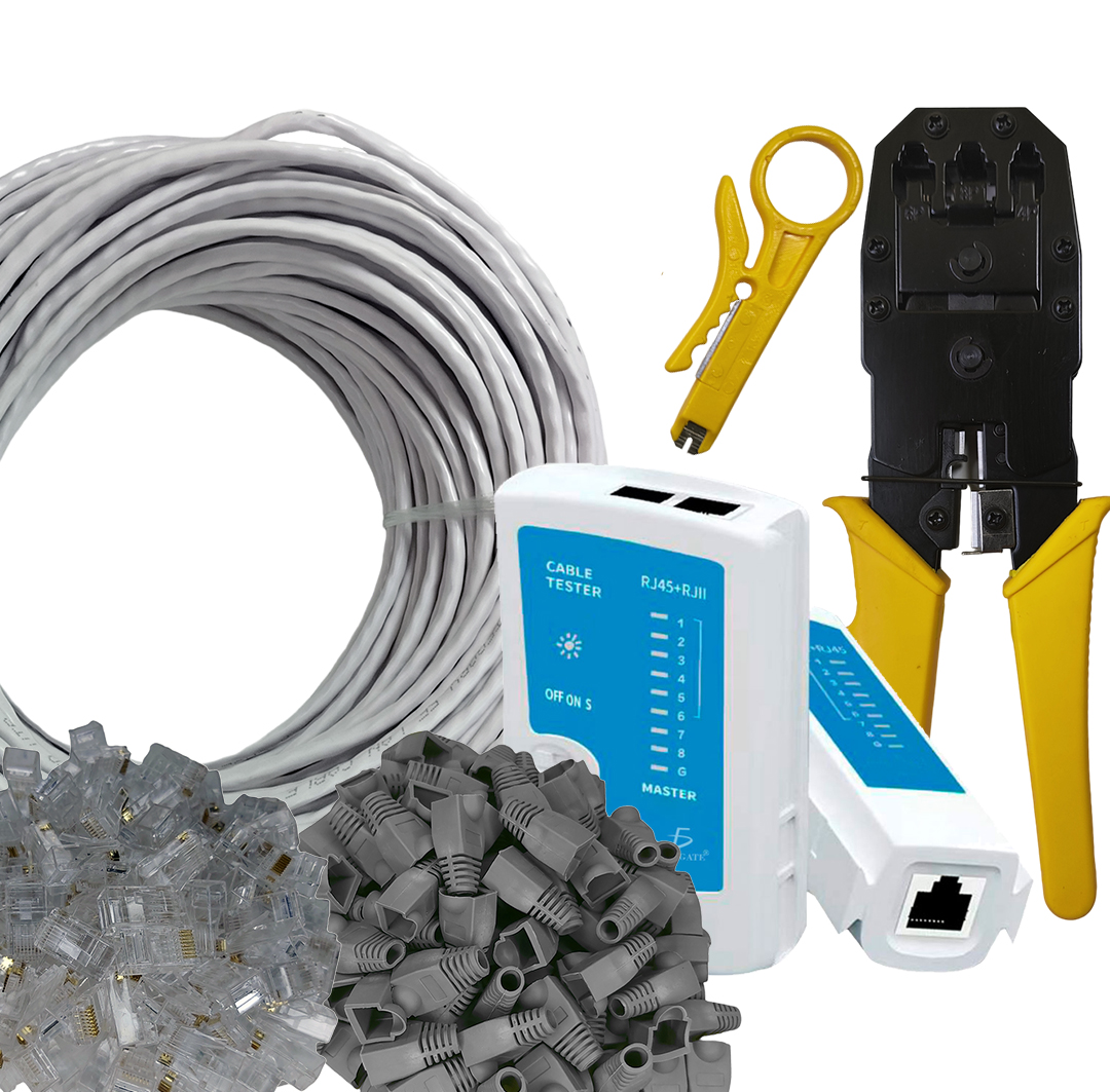 Kit Redes Tramo Utp 50mts Cat 5e Tester Pinzas 25 Plugs 25 botas RJ45