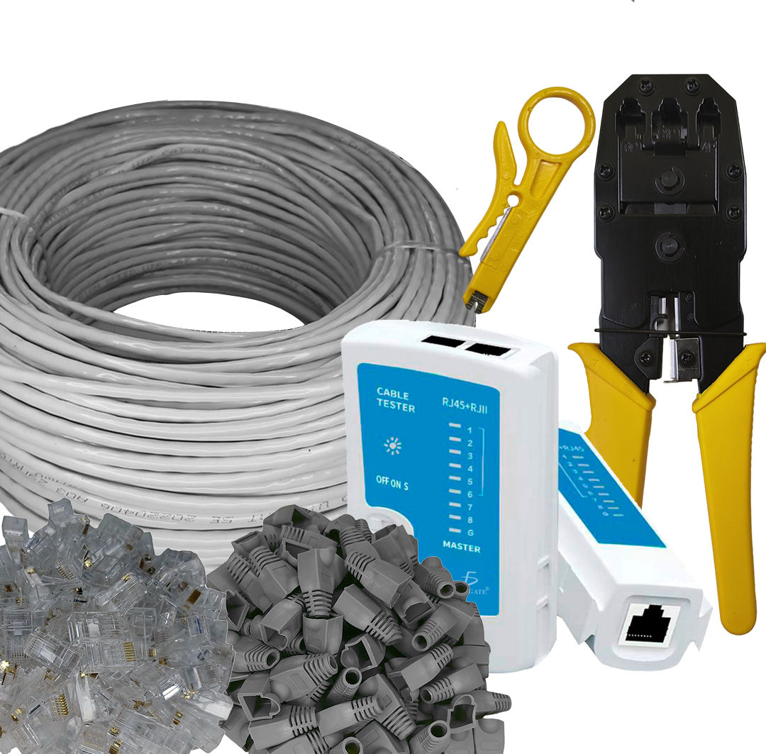 Kit Redes Tramo Utp 100mts Cat 5e Tester Pinzas 50 Plugs 50 botas RJ45