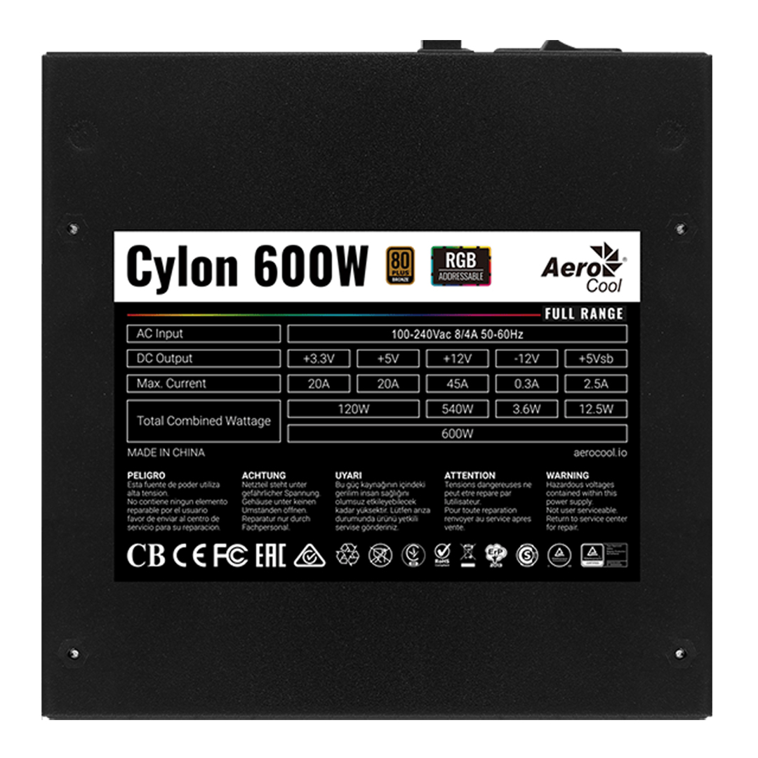 Fuente de Poder Aerocool Cylon 600W 80+ Bronze RGB Certificada