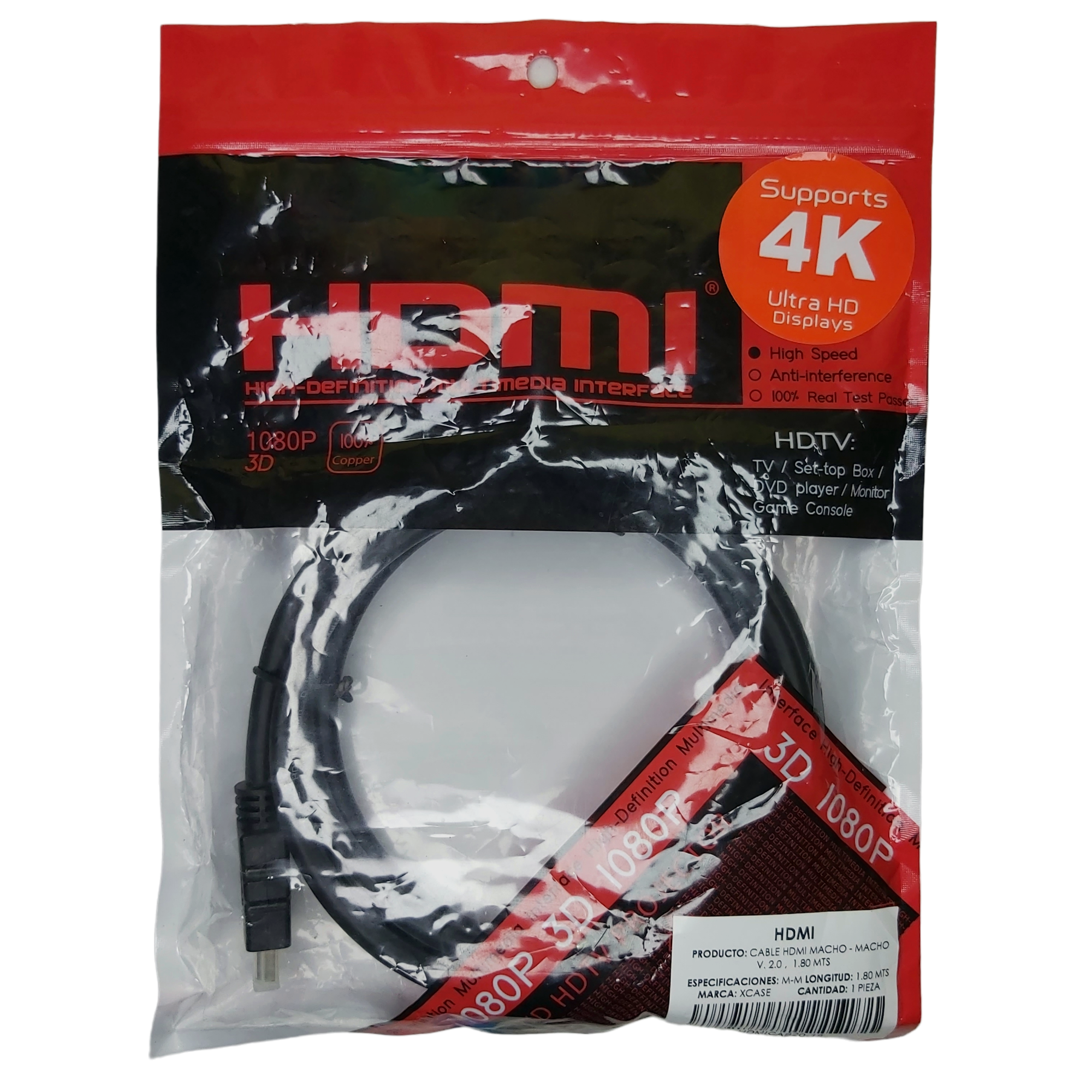Cable HDMI 4K 1.80 Metros Cobre puro 60Hz HDR