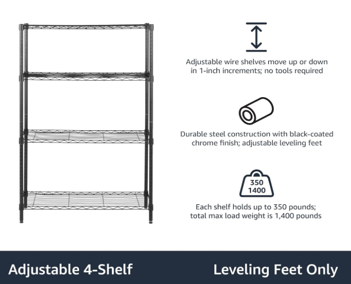 Basics 4-Shelf Adjustable Heavy Duty Steel Wire Rack Storage Shelving Organizer for Kitchen, Garage, 36" L x 14" W x 54" H, Black