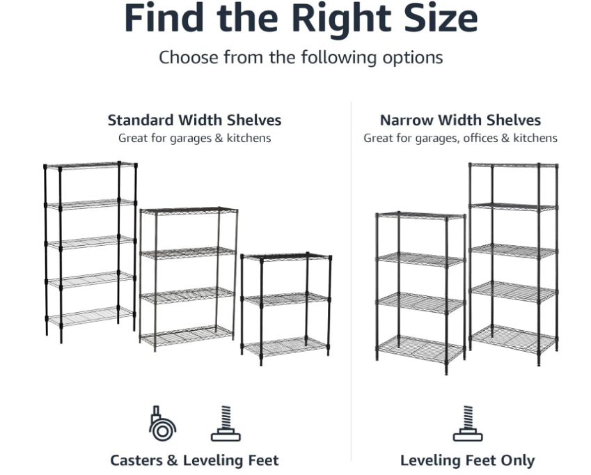Basics 4-Shelf Adjustable Heavy Duty Steel Wire Rack Storage Shelving Organizer for Kitchen, Garage, 36" L x 14" W x 54" H, Black