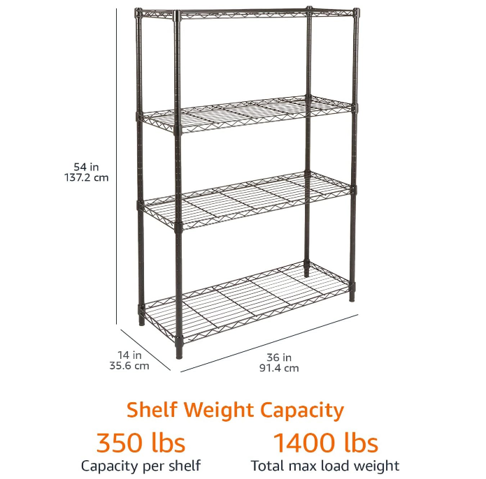 Basics 4-Shelf Adjustable Heavy Duty Steel Wire Rack Storage Shelving Organizer for Kitchen, Garage, 36" L x 14" W x 54" H, Black