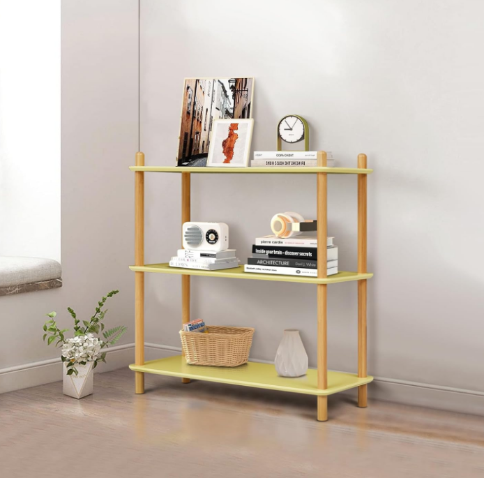 3-Tier Bamboo Shelf Bookcase Modern Open Bookshelf Free Standing Storage Rack Multifunctional Display Stand for Home Office Kitchen, Yellow