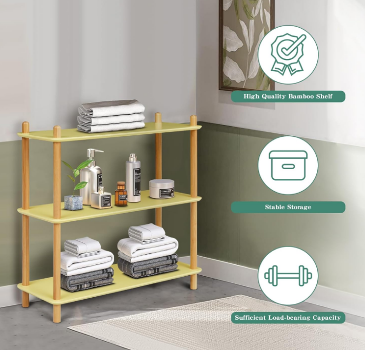 3-Tier Bamboo Shelf Bookcase Modern Open Bookshelf Free Standing Storage Rack Multifunctional Display Stand for Home Office Kitchen, Yellow