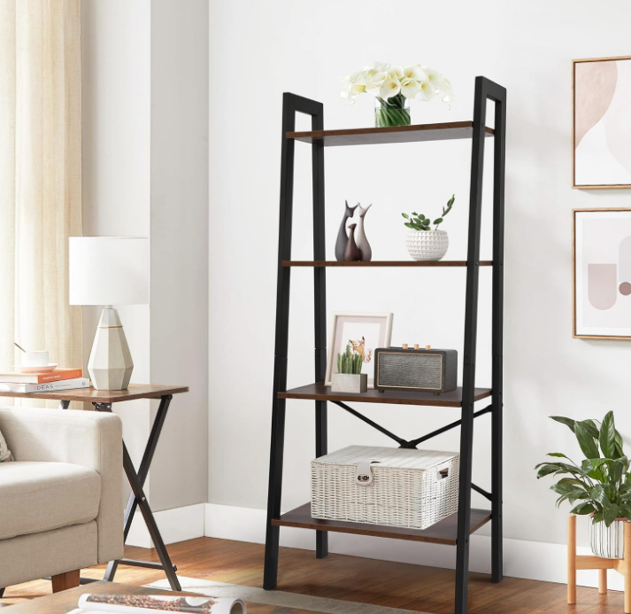 4-Tier Ladder Shelf, Ladder Bookshelf Bookcase Industrial Bookshelves, Multifunctional Book Shelf Plant Stand Storage Rack for Home Office, Living Room, Bedroom, Kitchen, Dark Brown