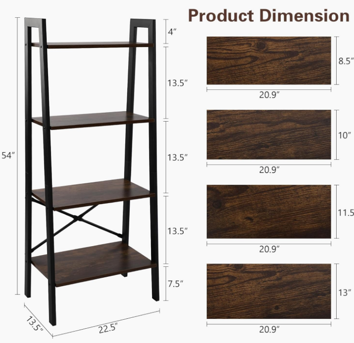 4-Tier Ladder Shelf, Ladder Bookshelf Bookcase Industrial Bookshelves, Multifunctional Book Shelf Plant Stand Storage Rack for Home Office, Living Room, Bedroom, Kitchen, Dark Brown