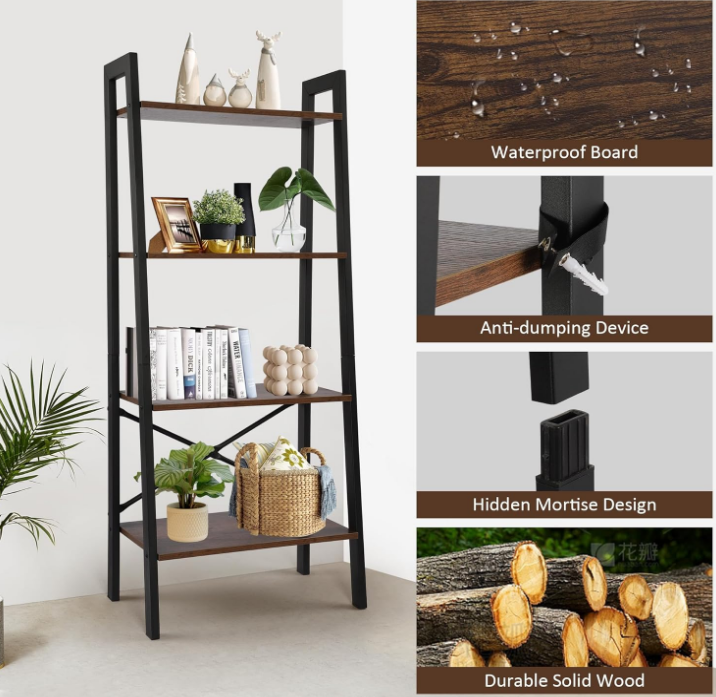 4-Tier Ladder Shelf, Ladder Bookshelf Bookcase Industrial Bookshelves, Multifunctional Book Shelf Plant Stand Storage Rack for Home Office, Living Room, Bedroom, Kitchen, Dark Brown