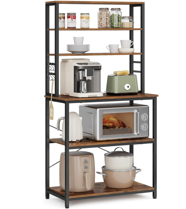 Coffee Bar, 31.5 Inches Baker's Rack for Kitchen with Storage, 6-Tier Kitchen Shelves with 6 Hooks, Microwave Stand, Industrial, Rustic Brown and Black