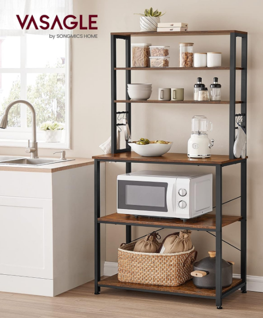 Coffee Bar, 31.5 Inches Baker's Rack for Kitchen with Storage, 6-Tier Kitchen Shelves with 6 Hooks, Microwave Stand, Industrial, Rustic Brown and Black