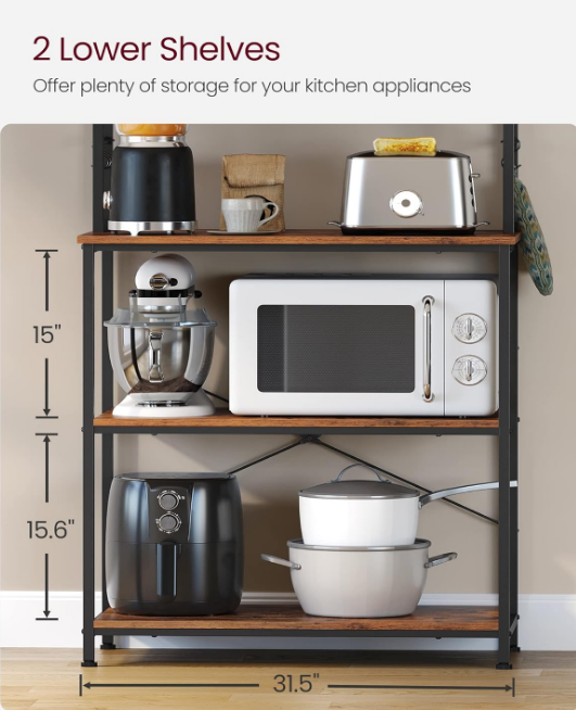 Coffee Bar, 31.5 Inches Baker's Rack for Kitchen with Storage, 6-Tier Kitchen Shelves with 6 Hooks, Microwave Stand, Industrial, Rustic Brown and Black