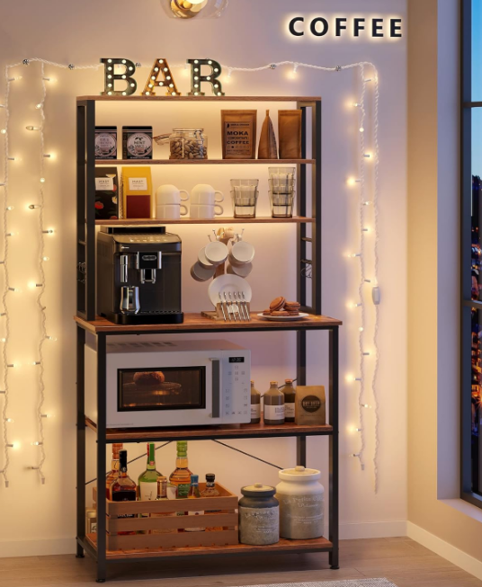 Coffee Bar, 31.5 Inches Baker's Rack for Kitchen with Storage, 6-Tier Kitchen Shelves with 6 Hooks, Microwave Stand, Industrial, Rustic Brown and Black