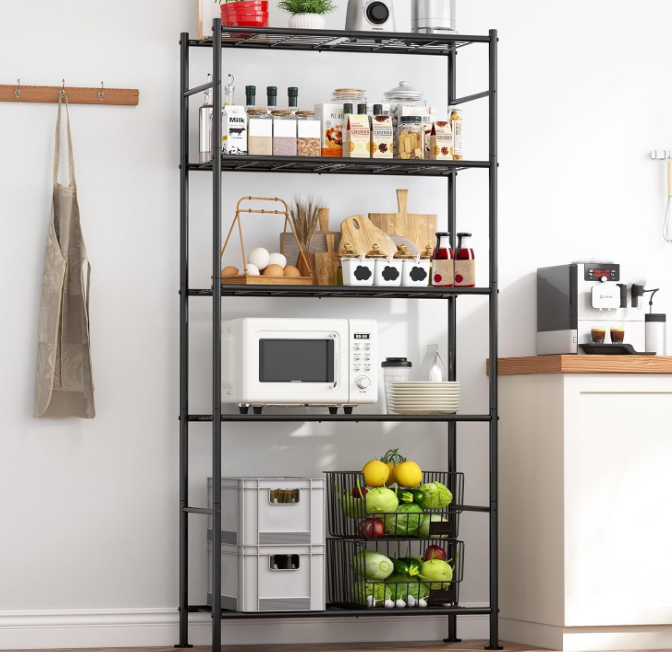 Storage Shelves - 5 Tier Shelf Organizer, Heavy Duty Garage Shelving Unit with Leveling Feet, Stable Metal Shelves Organizer for Pantry, Kitchen and Closet, 33.1" W X 12.6" D X 72.0" H, Black