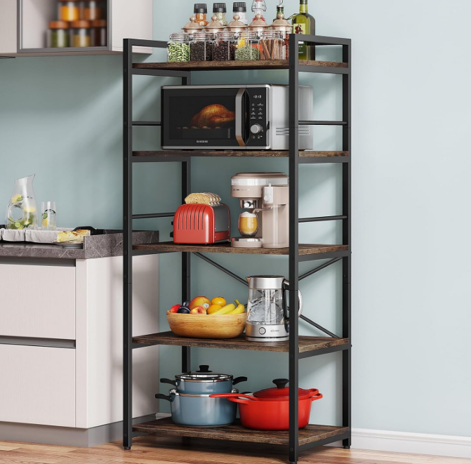 5-Tier Bakers Rack for Kitchen with Storage, Industrial Microwave Stand Oven Shelf, Free Standing Kitchen Storage Shelf Rack (23.62 L x 15.75 W x 60.24 H, Rustic Brown)