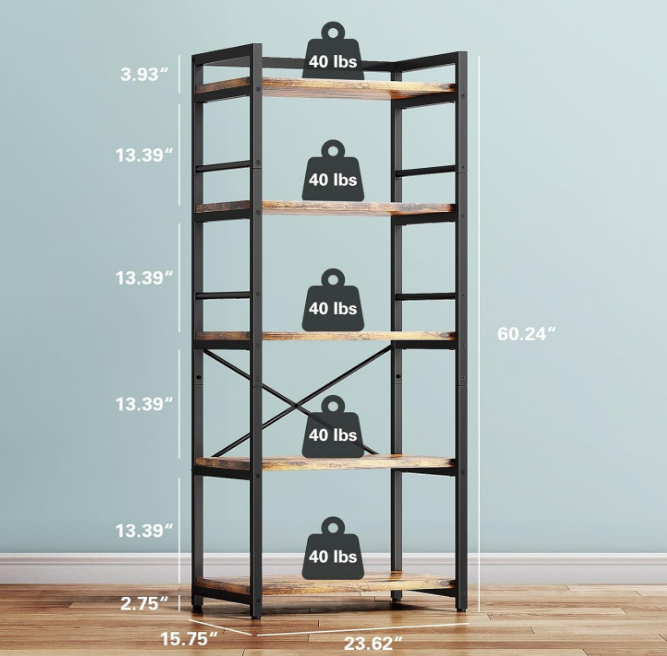 5-Tier Bakers Rack for Kitchen with Storage, Industrial Microwave Stand Oven Shelf, Free Standing Kitchen Storage Shelf Rack (23.62 L x 15.75 W x 60.24 H, Rustic Brown)