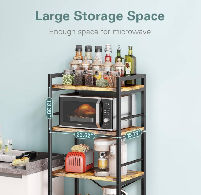 5-Tier Bakers Rack for Kitchen with Storage, Industrial Microwave Stand Oven Shelf, Free Standing Kitchen Storage Shelf Rack (23.62 L x 15.75 W x 60.24 H, Rustic Brown)