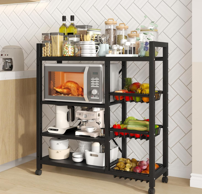Storage Shelves, Adjustable 4-Tier Kitchen Shelves, Kitchen Organizers and Storage with 4 Wire Baskets, Metal Shelf Rack with Wheels for Garage, Pantry, Bathroom, Closet, House Warming Gifts New Home