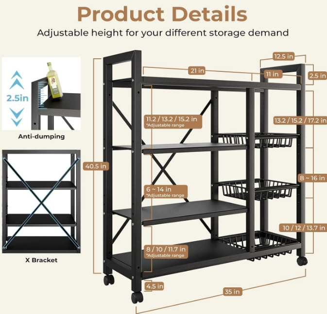 Storage Shelves, Adjustable 4-Tier Kitchen Shelves, Kitchen Organizers and Storage with 4 Wire Baskets, Metal Shelf Rack with Wheels for Garage, Pantry, Bathroom, Closet, House Warming Gifts New Home