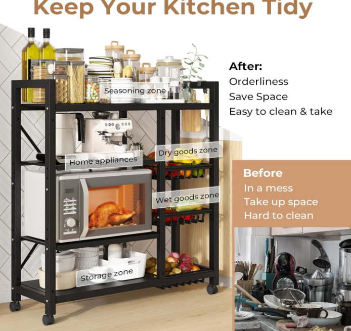 Storage Shelves, Adjustable 4-Tier Kitchen Shelves, Kitchen Organizers and Storage with 4 Wire Baskets, Metal Shelf Rack with Wheels for Garage, Pantry, Bathroom, Closet, House Warming Gifts New Home