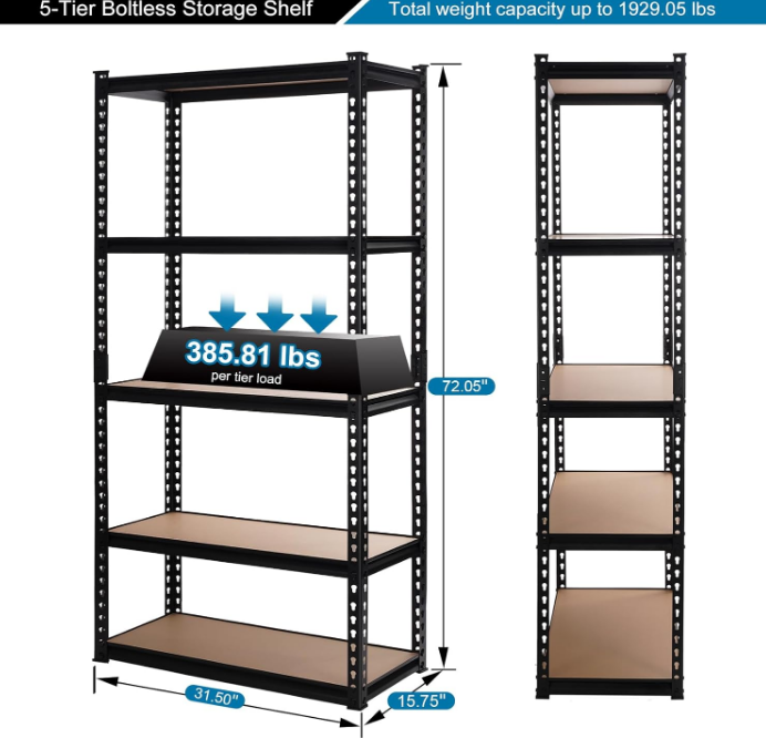5 Tier Storage Shelves 31.5" W x 15.75" D x 72" H, Adjustable Metal Shelving Heavy Duty Garage Shelving Unit Utility Rack Shelf for Storage Warehouse Pantry Closet, Black