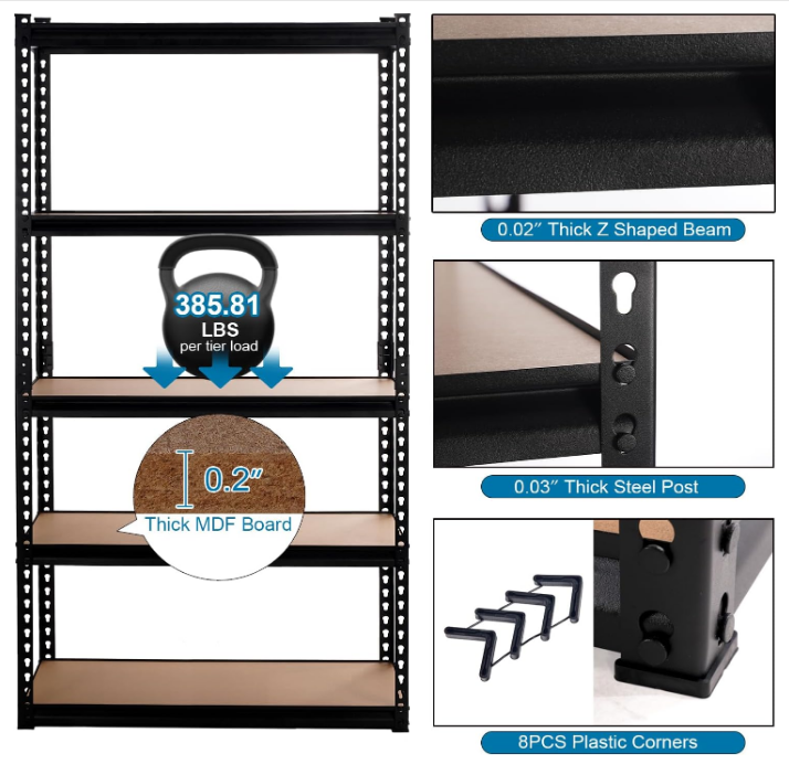 5 Tier Storage Shelves 31.5" W x 15.75" D x 72" H, Adjustable Metal Shelving Heavy Duty Garage Shelving Unit Utility Rack Shelf for Storage Warehouse Pantry Closet, Black