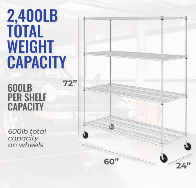 NSF Certified Storage Shelves, Heavy Duty Steel Wire Shelving Unit with Wheels and Adjustable Feet, Used as Pantry Shelf, Garage or Bakers Rack Kitchen Shelving - (24"x60"x72" 4-Tier)