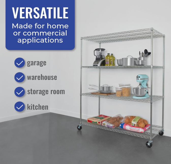 NSF Certified Storage Shelves, Heavy Duty Steel Wire Shelving Unit with Wheels and Adjustable Feet, Used as Pantry Shelf, Garage or Bakers Rack Kitchen Shelving - (24"x60"x72" 4-Tier)