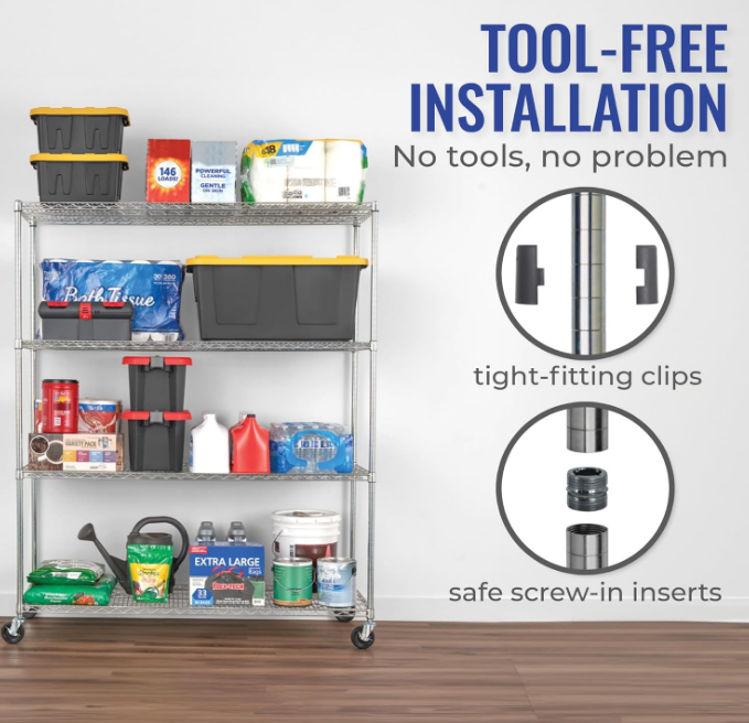 NSF Certified Storage Shelves, Heavy Duty Steel Wire Shelving Unit with Wheels and Adjustable Feet, Used as Pantry Shelf, Garage or Bakers Rack Kitchen Shelving - (24"x60"x72" 4-Tier)