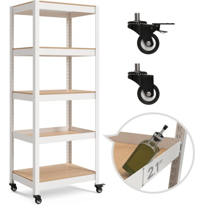House White 5-Tier Metal Boltless Rolling Cart Shelf Rack Casters Heavy Duty Wheel Shelving Unit Adjustable Storage Shelves Organizer Shelf Kitchen Garage 24.4" W x 16.5" D x 62.2" H 1Pack