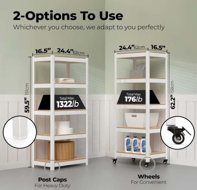 House White 5-Tier Metal Boltless Rolling Cart Shelf Rack Casters Heavy Duty Wheel Shelving Unit Adjustable Storage Shelves Organizer Shelf Kitchen Garage 24.4" W x 16.5" D x 62.2" H 1Pack