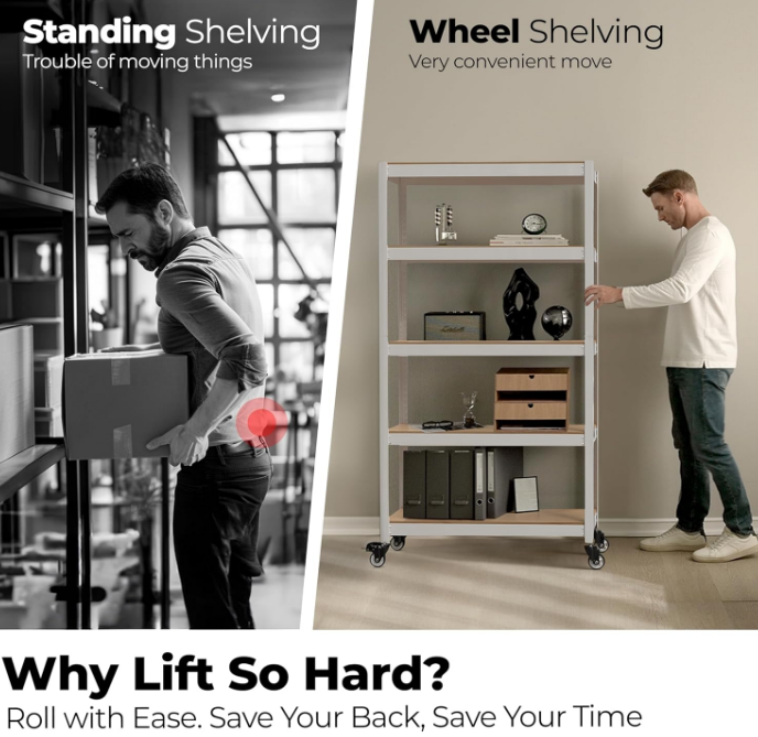 House White 5-Tier Metal Boltless Rolling Cart Shelf Rack Casters Heavy Duty Wheel Shelving Unit Adjustable Storage Shelves Organizer Shelf Kitchen Garage 24.4" W x 16.5" D x 62.2" H 1Pack