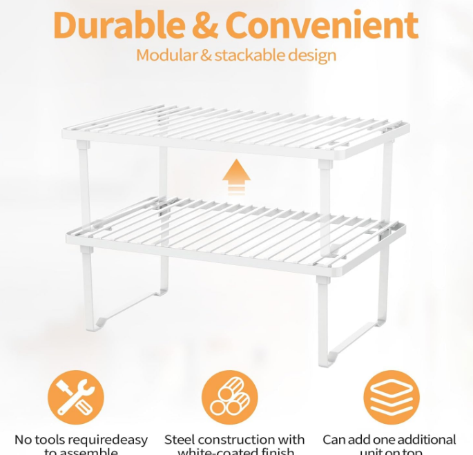 Basics Stackable Metal Kitchen Storage Shelves, Set of 2 - White, 12.5" L x 8" D x 4.5" H