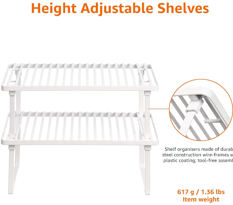 Basics Stackable Metal Kitchen Storage Shelves, Set of 2 - White, 12.5" L x 8" D x 4.5" H