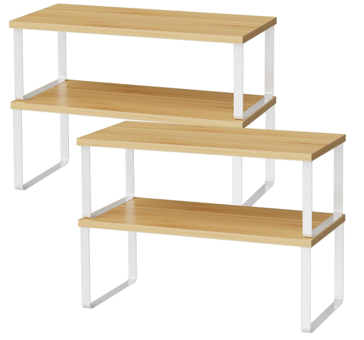 Cabinet Shelf Organizers, 15.7 inches Large Kitchen Counter Shelf, Set of 4 Wood Kitchen Pantry Organizer Storage Shelves for Spice Rack, Coffee Bar, Stackable & Expandable, Metal White, Nature