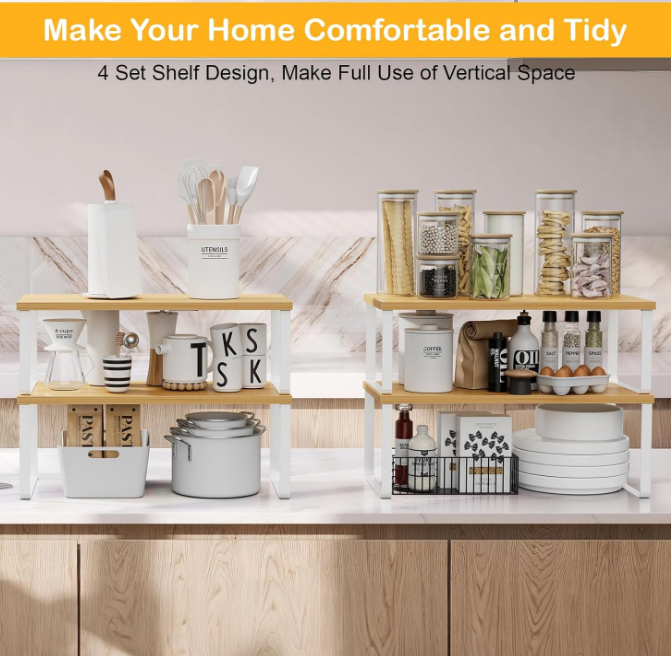 Cabinet Shelf Organizers, 15.7 inches Large Kitchen Counter Shelf, Set of 4 Wood Kitchen Pantry Organizer Storage Shelves for Spice Rack, Coffee Bar, Stackable & Expandable, Metal White, Nature