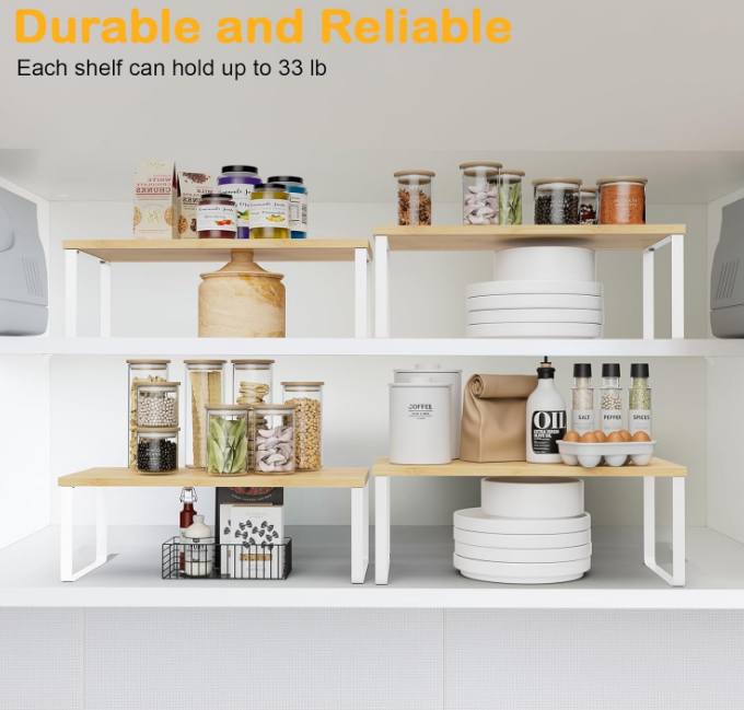 Cabinet Shelf Organizers, 15.7 inches Large Kitchen Counter Shelf, Set of 4 Wood Kitchen Pantry Organizer Storage Shelves for Spice Rack, Coffee Bar, Stackable & Expandable, Metal White, Nature