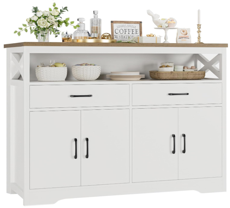 47" Modern Farmhouse Sideboard Buffet Cabinet, Wood Buffet Storage Cabinet with Drawers & Shelves, Large Coffee Bar Cabinet with Storage, Microwave Stand for Kitchen, Dining Room, White Brown